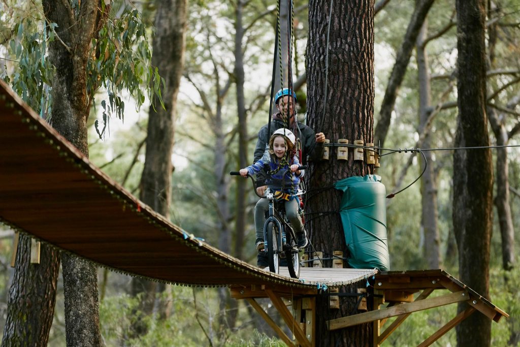 Child cycling across a wooden rope bridge at Forest Adventures hire-wire experience