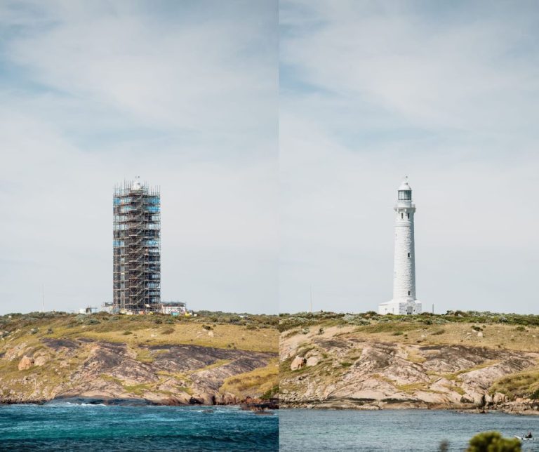 An image of Cape Leeuwin Lighthouse showing it with scaffolding and without