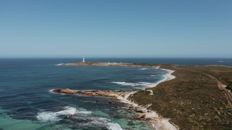 Aerial image of the coastline looking towards Cape Leeuwin Lighthouse
