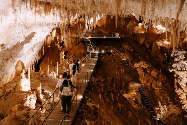 Visitors walk along an elevated boardwalk inside Jewel Cave, surrounded by stalagmites and stalactites in a large, warmly lit limestone chamber.