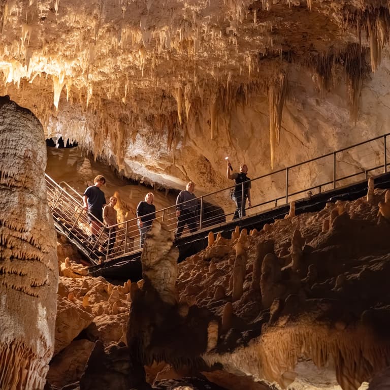 A tour group admiring the adorned ceiling inside Jewel Cave