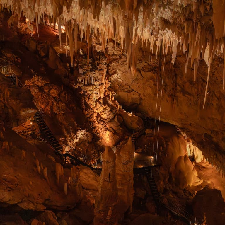 Photo of the inside of Jewel Cave, showcasing the huge scale, with the longest straw stalactite visible